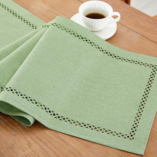 Burlap Style Farmhouse Table Runner, 13 x 60 Inch Avocado Green, Rustic Geometric Hollow Table Runners 60 Inches Long for Dresser Table Everyday Use, 13x60 Inches, Avocado Green