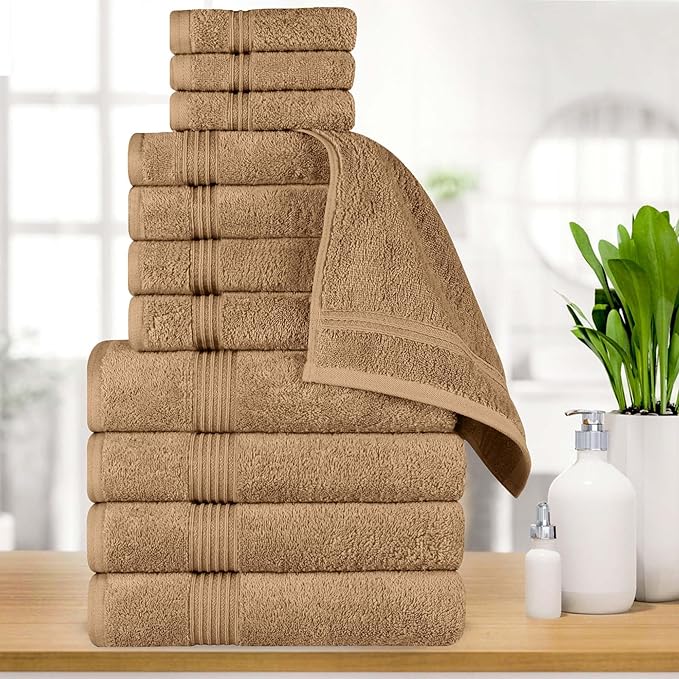 Superior Egyptian Cotton 12-Piece Towel Set, Assorted Towels for Home Bathroom, Guest Bath Decor Essentials, Includes 4 Bath, 4 Hand, 4 Face Towels/Washcloths, Quick Dry, Absorbent - Toast