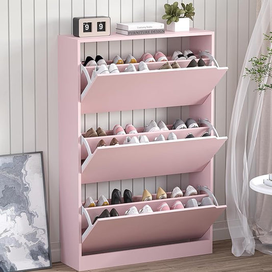 Shoe Cabinet with 3 Flip Drawers, Hidden Wood Shoe Cabinet,Freestanding Shoe Storage Cabinet for Entryway Hallway.White. 47.2" H*31.5" W*9.25" D (Pink)