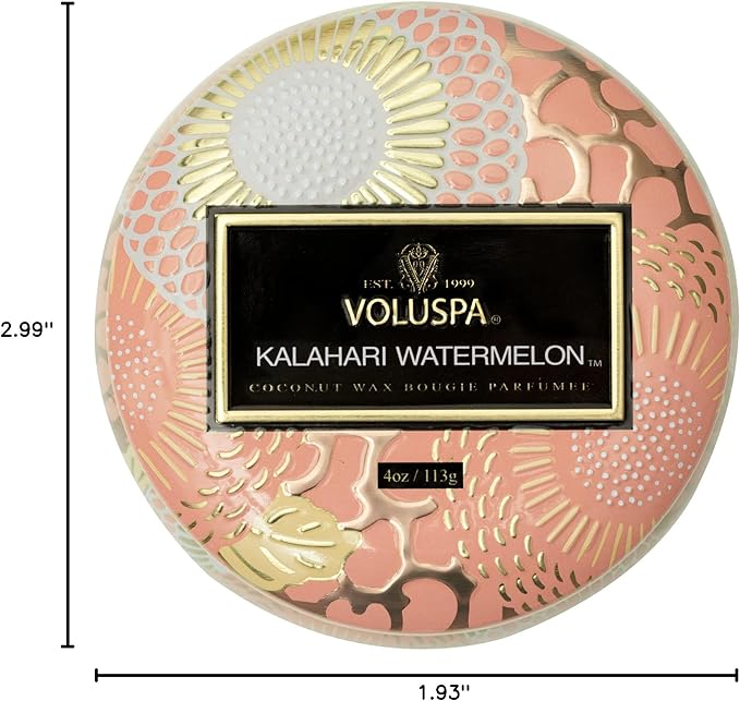 Voluspa Kalahari Watermelon, Mini Tin Candle, 4 oz, 25 Hour Burn Time, Coconut Wax Candle for The Home, Handcrafted in The USA