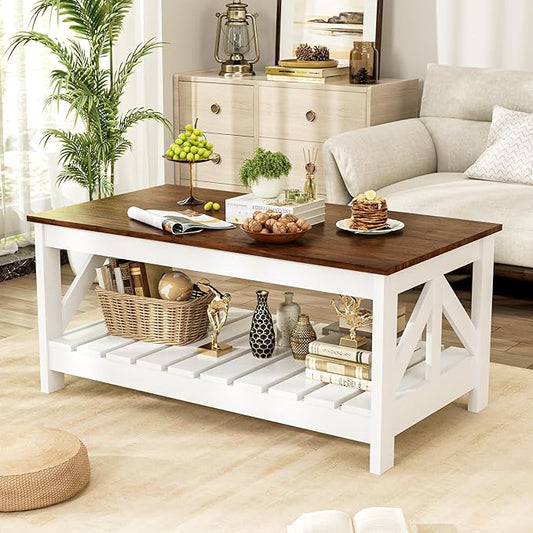 JUMMICO 39” Farmhouse Coffee Table for Living Room, 2-Tier Modern Living Room Table with Storage Shelf, Rustic Rectangular Center Table Space Saving Home Furniture (Rustic Brown & White)