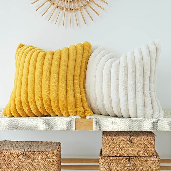 JOJUSIS Pack of 2 Faux Fur Plush Decorative Throw Pillow Covers Couch Cushion Case Soft Pillowcases (Mustard Yellow, 16 x 16-Inch)