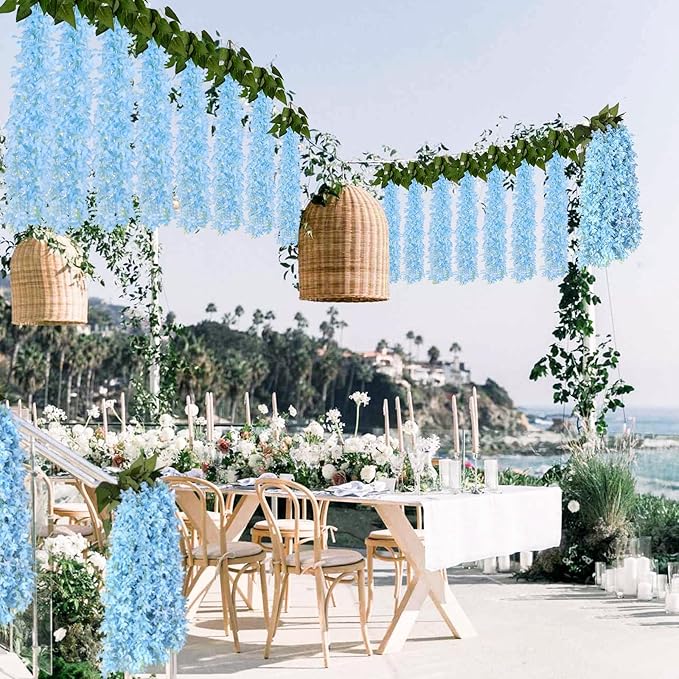 Artificial Lilac Flowers Garland 8Pcs-24Branches 33.5in Fake Syringa Wisteria Vines Faux Silk Lilac Hanging Floral Decoration for Indoor Outdoor Wedding Arch Birthday Party Garden Balcony (Blue)