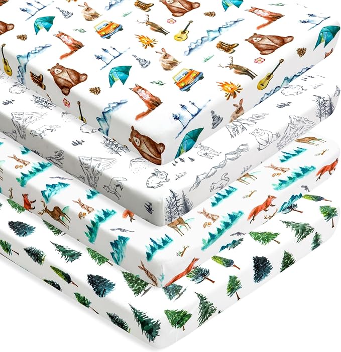 4 Pack N Play Sheets Woodland Forest Animals Wood Neutral Unisex Fitted Baby N Play Sheets Fitted for Standard Pack and Plays and Mini Cribs Set for Baby Boys or Girls