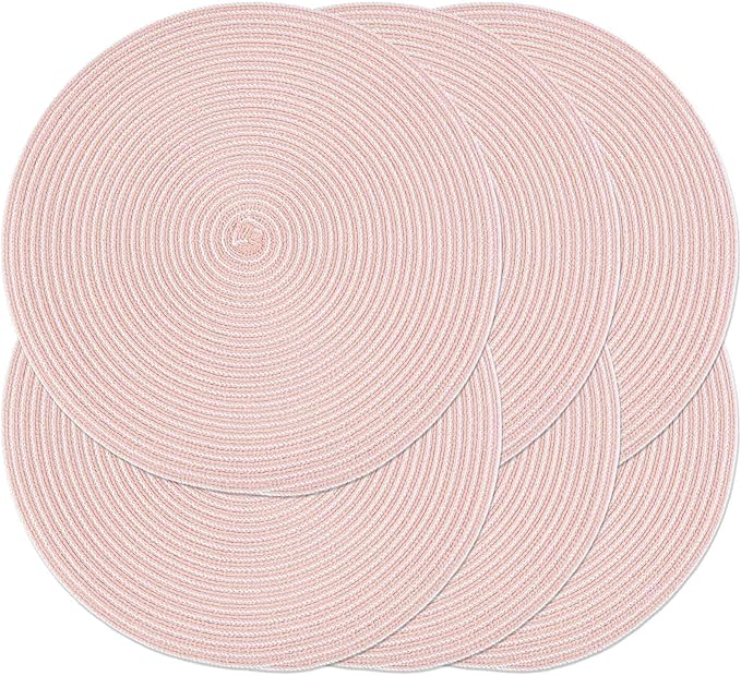 Noctiflorous 15 Inch Round Placemats Set of 6 Durable Braided Woven Heat Resistant Table Mats for Indoor Outdoor Non Slip Dining Table Place Mats(Pink White, 6)