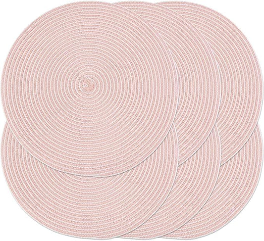 Noctiflorous 15 Inch Round Placemats Set of 6 Durable Braided Woven Heat Resistant Table Mats for Indoor Outdoor Non Slip Dining Table Place Mats(Pink White, 6)