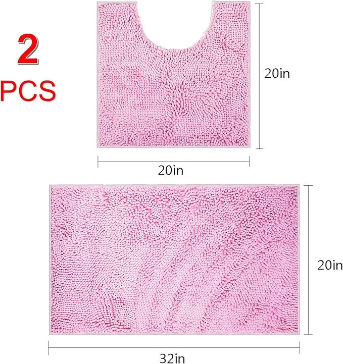 VAGAU Bathroom Rugs 2 Pieces Chenille Bath Rug Mat, Extra Thick and Soft Absorbent Bath Rugs, Machine Washable, Non-Slip Plush Bath Mats for Tub, Shower, and Bath Room (Pink)