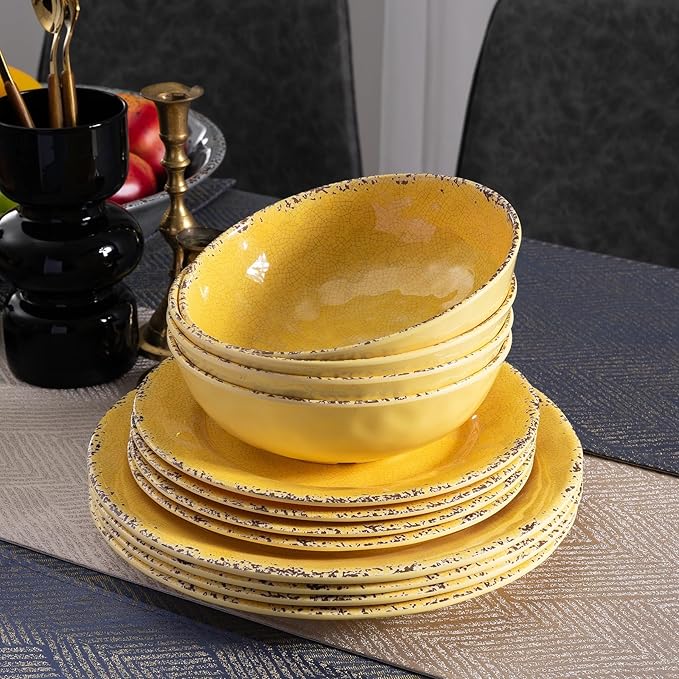 12-Piece Rustic Melamine Dinnerware Set With Dinner Plate, Salad Plate And Large Capacity All Purpose Bowls,Service for 4, Indoor And Outdoor Use, Yellow