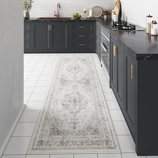 Runner Rug 3x7 Washable Light Gray Hallway Runner Vintage Boho Medallion Non Slip Grey Distressed Retro Carpet Indoor Low Pile Long Soft Rug for Kitchen Entryway Bedroom Bathroom Laundry