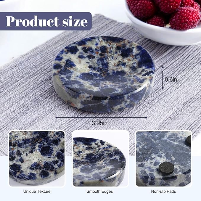 Koville Marble Jewelry Dish, Small Round Trinket Dish for Ring Necklace Earring, 4" Decorative Dish, Aesthetic Home Table Decor, Natural Stone Soap Dish for Bathroom Kitchen (Blue)