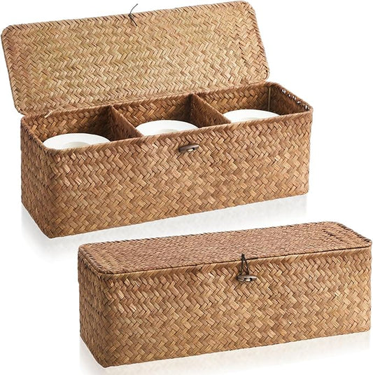Cunhill 2 Pieces Seagrass Baskets with Lid Toilet Paper Basket with Lid Rectangular Hand Woven Wicker Bin Storage Box for Toilet Dresser Shelves Organizing(16.54 x 5.51 x 5.51 Inches,Khaki)