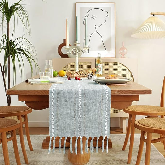 Rustic Farmhouse Style Linen Table Runner, Boho Handmade Tassel Hemstitched Embroidery Table Runners 48 Inches Long for Holiday Party, Dresser and Dining Decorations, 13 x 48 inch - Light Grey