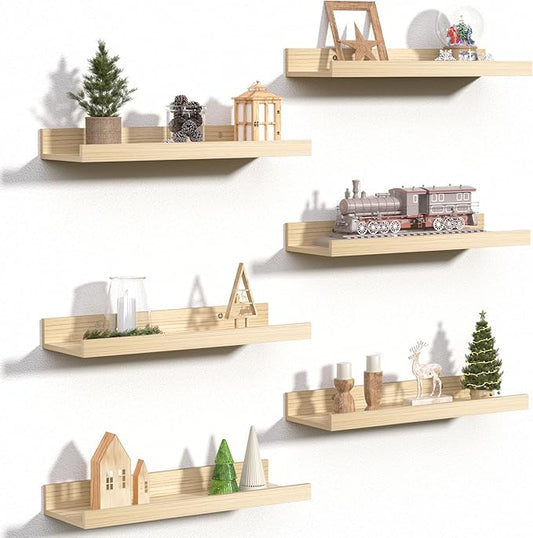 upsimples Floating Shelves for Wall, Wall Shelves for Decor Storage Set of 6, Wall Mounted Wood Shelves for Bedroom, Living Room, Bathroom, Kitchen, Picture Ledge Shelves, Natural