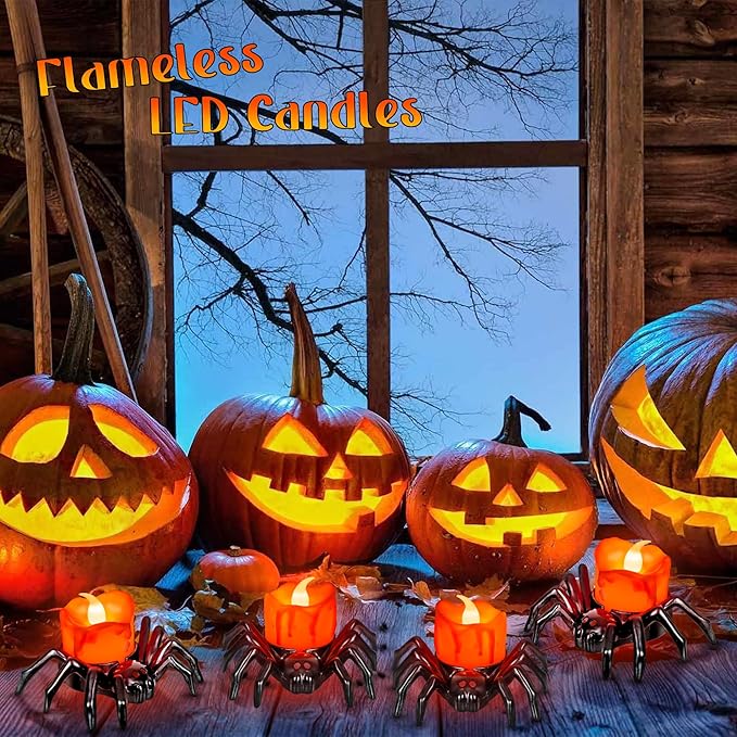 12 PCS Halloween Tea Lights Candles, Battery Operated Halloween's Flameless LED Candles, Spider Tealights Spooky Electric Flickering Fake Candle for Halloween Party Decorations