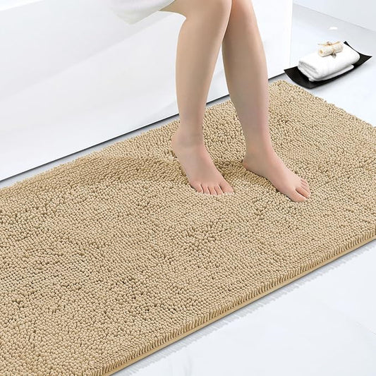 Smiry Luxury Chenille Bathroom Rugs 59x35, Extra Soft and Absorbent Shaggy Bath Mat, Machine Washable, Non-Slip Plush Carpet Runner for Tub, Shower, and Floor, Home Decor Accessories, Beige