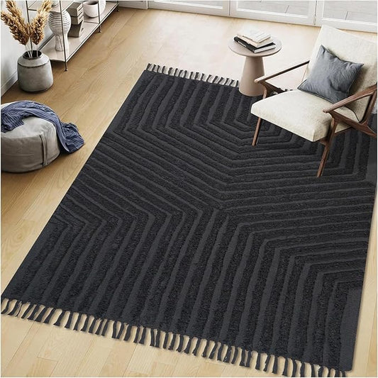 Boho Farmhouse Cotton Area Rug 4x6, Washable Tufted Indoor Carpet for Living Room Bedroom Office Room Dining Room Kitchen, Soft Grey Floor Rug, Decorative Home Décor Accent
