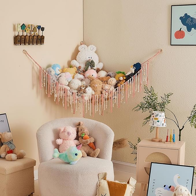 Pretty Jolly Stuffed Animal Storage Hammock with Wooden Beads Corner Hanging Net Boho Tassel for Toy Plush Holder for Kid Room Nursery Decor Wall Display Organizer for Girls Boy Gift(Leather Pink)