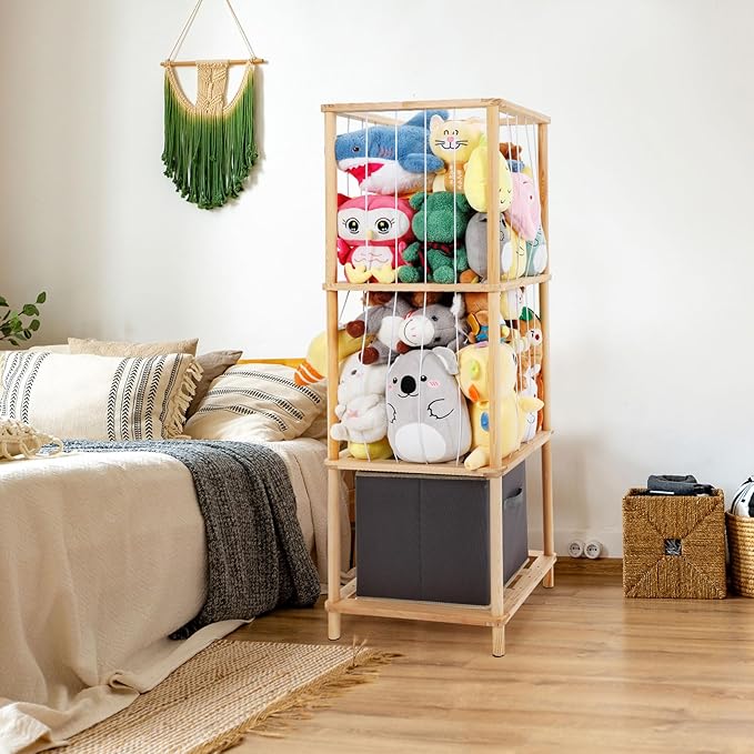 ACEPRUT Wood Stuffed Animal Storage Holder with Storage Basket, Space Save Three Tier Vertical Large Stuffed Animal Zoo Organizer for Playroom Bedroom, Toy Storage Birthday Gifts for Kids