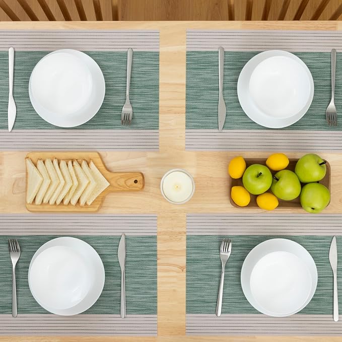 Winknowl Placemats, Set of 6 Heat Resistant Stain Resistant Woven Vinyl Insulation Place mats, Durable Washable Elegant Table Mats for Dining (Striped Green)