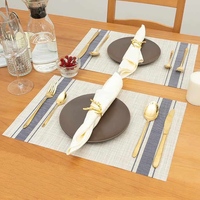 Winknowl Placemats, Set of 8 Heat Resistant Stain Resistant Non-Slip Woven Vinyl Insulation Placemats, Washable Durable Elegant Table Mats for Dining (Beige Blue)
