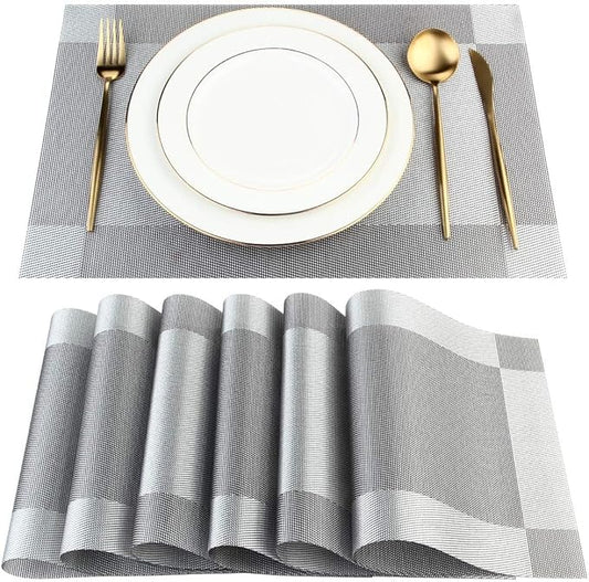 DACHUI Placemats Set of 4, Linen Look Woven Place Mats, Water Resistant, Heat Resistant, Washable, Durable Table Mats (Silver Grey)