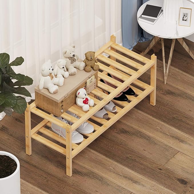 Shoe Rack, 2-Tier Bamboo Stackable Shelf Storage Organizer, Stand for Closet, Entryway, Hallway, Bathroom and Living Room（Natural）
