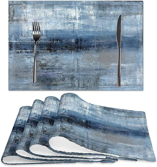 Blue and Grey Placemats Set of 4 Modern Abstract Art Placemats Heat Resistant Non-Slip Artwork Dining Placemats Washable Table Mats for Home Kitchen (Blue and Grey, 18"X12")