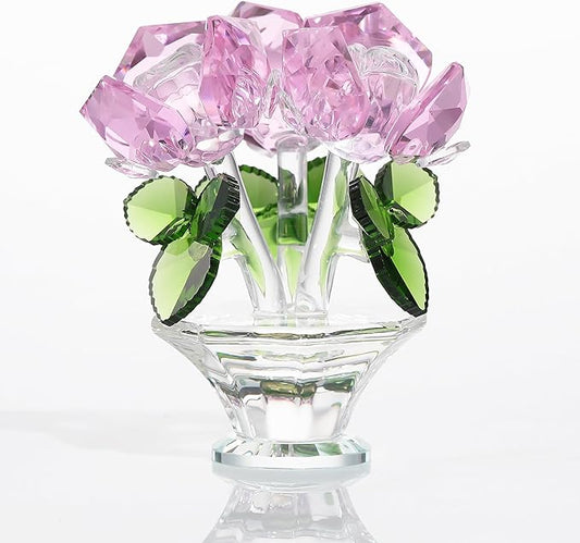Pink Rose Flower Crystal Figurine with Vase, Handmade Bouquet Flowers Gifts for Wife Girlfriend Women Ornament , Crystal Flower Collectible Home Table Decor for Valentine's Day Wedding Anniversary
