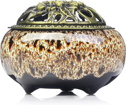 Incense Burner with Calabash Incense Stick Holder - Porcelain Charcoal Censer for Use with Resin Granular Powder Cone or Coil Incense (New Fambe Gray)