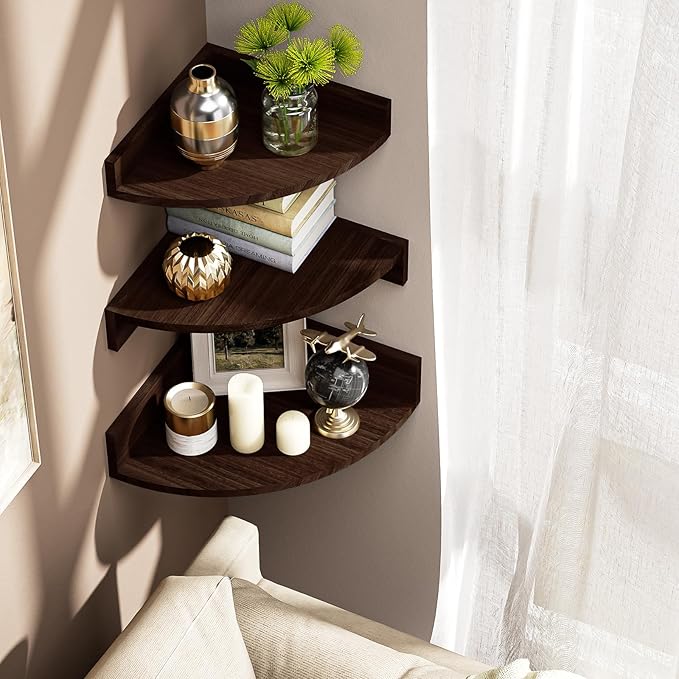 Alsonerbay Corner Shelf Wall Mount, Set of 3 Floating Shelves for Storage and Display, Rustic Wood Shelves for Bedroom, Kitchen, Living Room, Nursery and Office (Dark Brown)