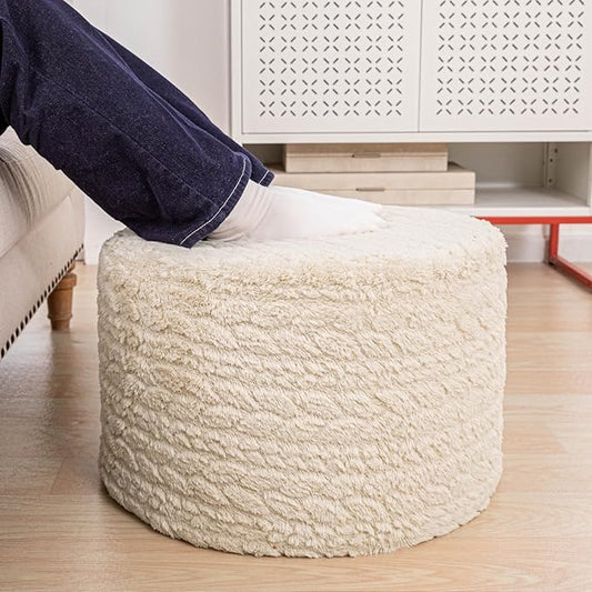 Round Pouf Ottoman 20 x 20 x 14 Inches Boho Poof Home Decor Floor Pouffe Ottoman Foot Rest for Couch Sofa Bean Bag Chairs Living Room Bedroom (Linen White)