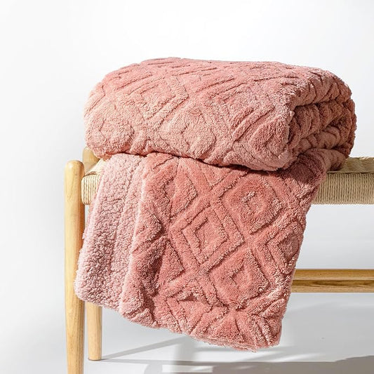 EVERGRACE Jacquard Boho Sherpa Fleece Throw Blanket for Couch, Super Soft Cozy Fuzzy Plush Blankets for All Seasons, Reversible Thick Warm Blanket for Bed, Sofa, Living Room, Dusty Pink, 50" x 60"