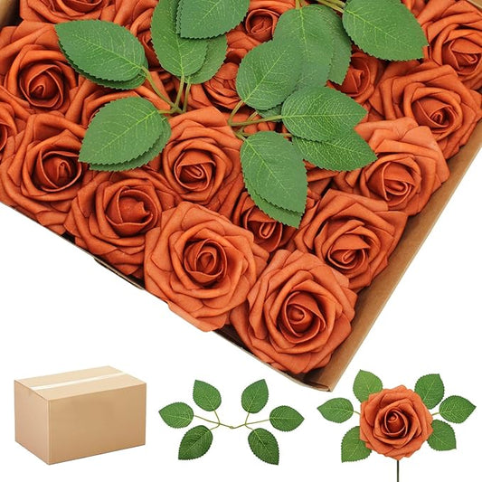 200PCS Artificial Flowers Burnt Orange Roses Real Looking Foam Fake Roses with Leaves and for DIY Wedding Bouquets Bridal Shower Centerpieces Party Decorations (Burnt Orange, 200)