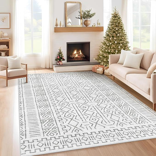6x9 Area Rug Living Room: Washable Boho Geometric Moroccan Rug Neutral Modern Farmhouse Indoor Soft Non Slip Ultra Thin Printed Pattern Carpet for Dining Room Bedroom Nursery Home (BeigeBrown, 6'x9')