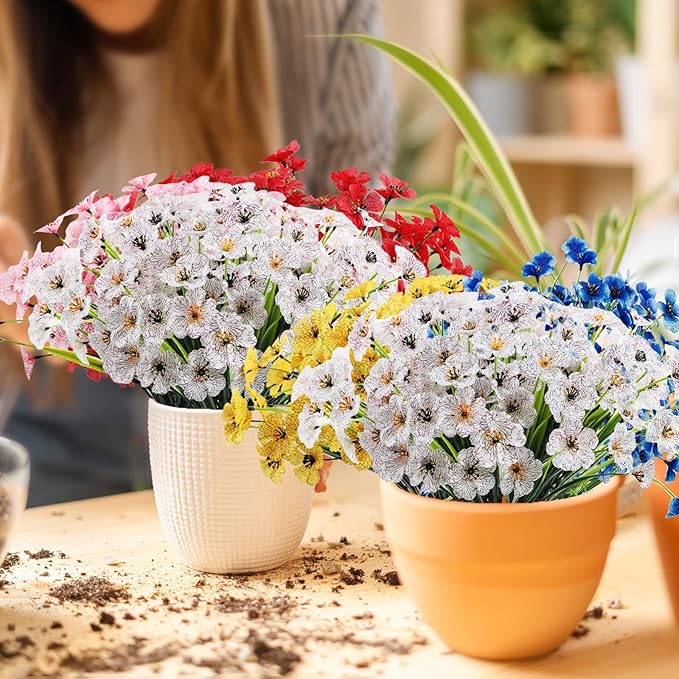 22 Bundles Artificial Flowers Outdoor, Faux Flowers UV Resistant with Plastic Plants, Faux Silk Flowers for Outdoors Outside Front Porch Hanging Planter Window Box Garden Decoration(White)