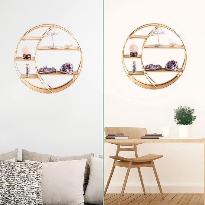 Moon Shelf for Crystals - Circle Shelf Wall Decor for Wall and Countertop - Crystal Shelf Display for Stones, Essential Oil, Pendulum - Boho Hanging Moon Shelves (Matte Gold)