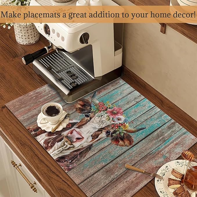 Highland Cow Retro Placemats Set of 6 Washable Table Mats for Kitchen Dining Table,Heat-Resistant Place Mats for Indoor Outdoor Party Holiday Decoration