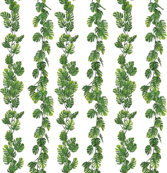 6Pcs Artificial Monstera Leaf Vines, 5.9FT Faux Tropical Monstera Garland Fake Hanging Plant Ivy Palm Leaves Greenery Vine for Garden Porch Patio Jungle Luau Party Beach Birthday Indoor Outdoor Décor