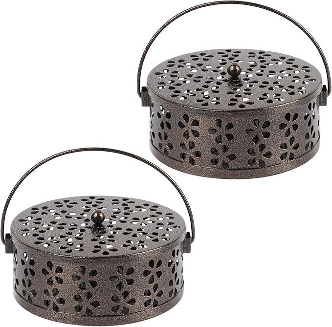 Portable Iron Mosquito Coil Holder with Handle Round Heat-Resistant Incense Holder for Home Office Camping (Bronze, 2Pack)