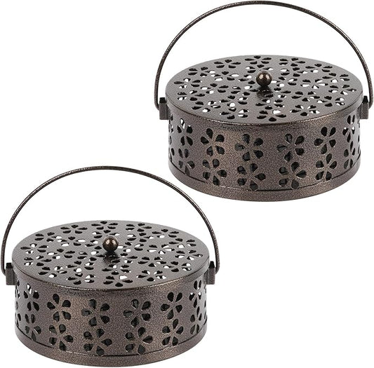 Portable Iron Mosquito Coil Holder with Handle Round Heat-Resistant Incense Holder for Home Office Camping (Bronze, 2Pack)