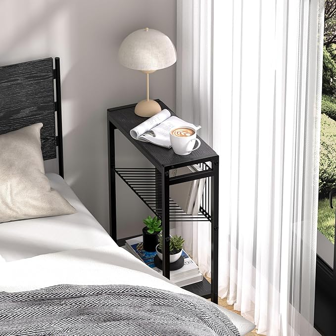 End Table Set of 2 for Small Space, 3-Tier Narrow Side Table with Magazine Holder,Slim Nightstand, Skinny Snack Couch Table in Living Room, Bedroom Study and Balcony (Black)