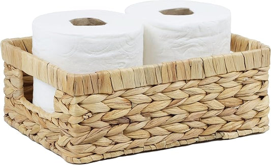 Wicker Baskets, Water Hyacinth Baskets for Organizing, Rattan Woven Basket for Storage, Organizer Bins with Built-in Handles, Storage Basket for Shelves (Small)