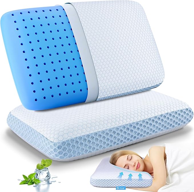 QUTOOL Memory Foam Pillows 2 Pack, Ventilated Bed Pillow with Cooling Washable Cover, Cervical Contour Pillow for Side Back Sleeper, Blue White