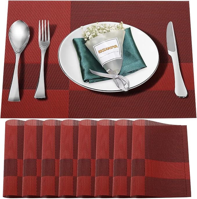 Placemats Set of 8,Washable,Heat and Stain Resistant Indoor/Outdoor Place mats, Vinyl Woven Non Slip Table Mats for Restaurant Table Protection, PVC Table Placemats.(red, 8PCS)