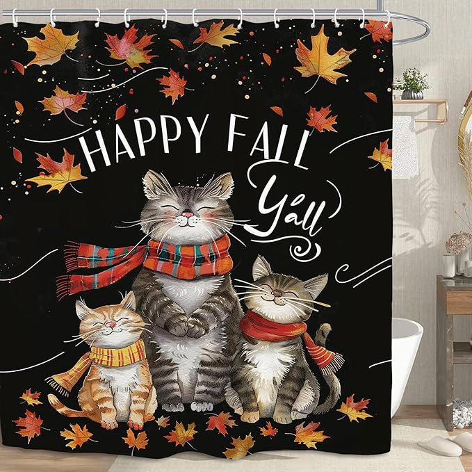 Funny Cat Autumn Shower Curtain 60Wx72L Inch Fall Maple Harvest Thanksgiving Animal Cute Bathroom Set Accessories Decor with 12 Pack Hooks