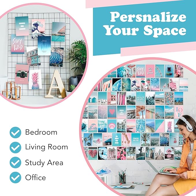 Blue Aesthetic Wall Collage Kit, 100 Set 4x6 inch, Pink VSCO Room Decor for Teen Girls, Summer Beach Wall Art Print, Dorm Photo Collection, Small Posters for Room Aesthetic…
