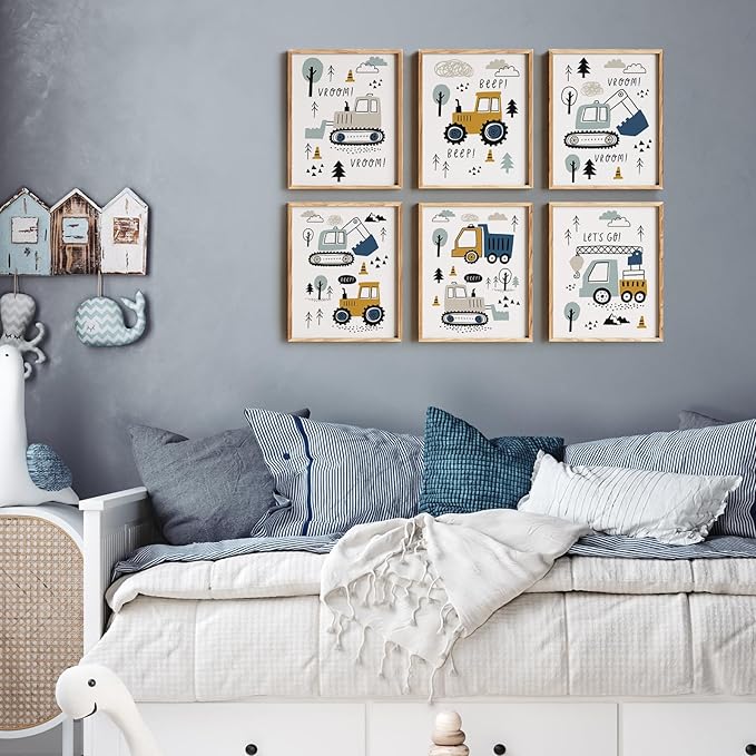 Canssape Set of 6 Baby Boy Nursery Wall Decor | 8"x10"Construction Room Decor for Boys | Truck Wall Art For Kids Room (Unframed)
