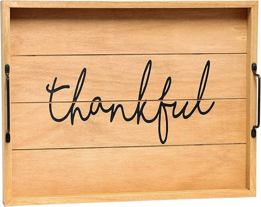 Elegant Designs HG2000-NTF Decorative Wood Serving Tray w/Handles, 15.50" x 12", Thankful
