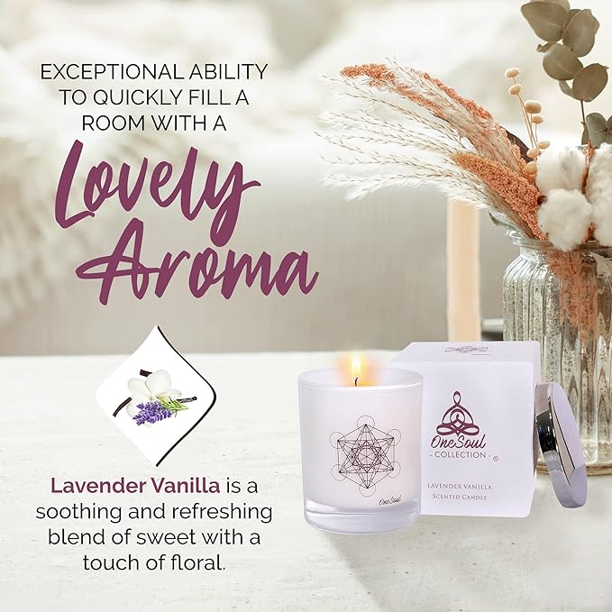 Lavender Vanilla Aromatherapy Candle, Floral Scented Candles, Luxury Candles Scented with Metatron’s Cube Symbol, Hand-Poured Soy Candle, 50 Hours Long Time, 7.6 oz. - OneSoul Collection