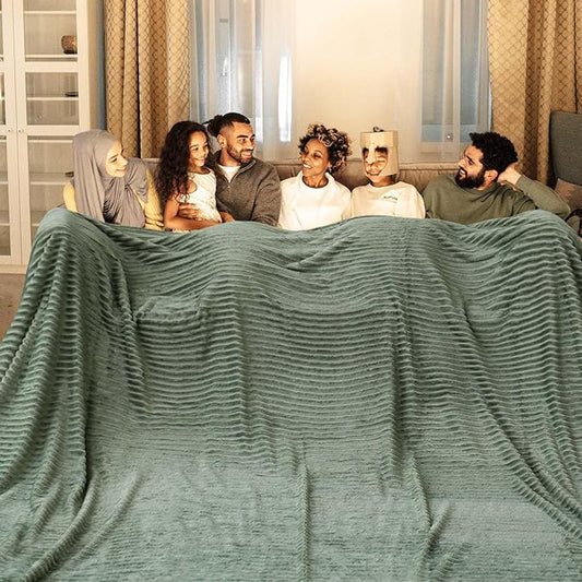 Bnuitland Sage Green Flannel Throw Blanket (90X108 inches) with Storage Pouch, 300GSM Super Soft Lightweight Cozy Fleece Stripe Pattern for Bed Sofa Home Decor, Suitable for Adults All Season